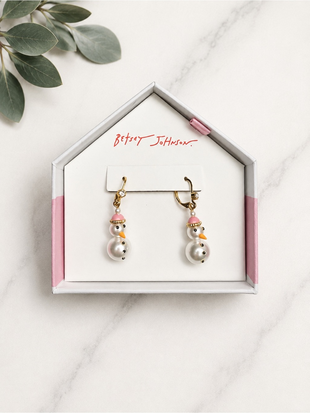 Betsey Johnson Pink Pearl Snowman Drop Earrings NWT